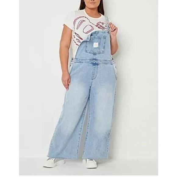 Juicy Couture Wide Leg Denim Overalls Womens 3X Light Wash Raw Hem Logo Retro - Picture 1 of 14